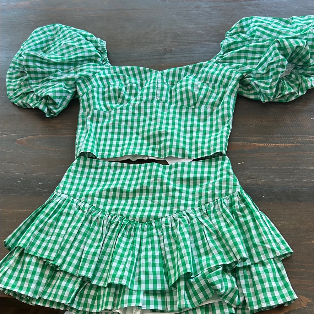 Green Gingham Puff Sleeve Top and Skirt Set from Cakefordinner